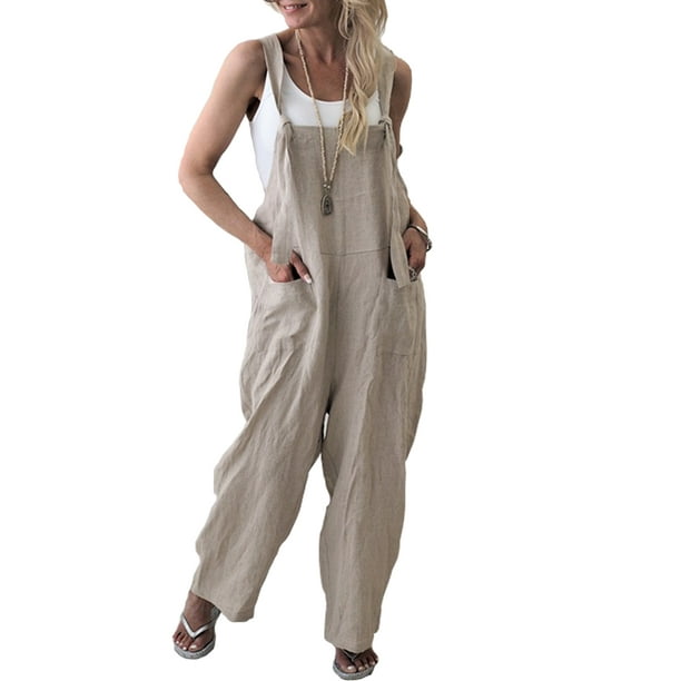 Abetteric Womens Plus Size Solid Wide Romper Linen Casual Trousers with Braces 